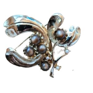 Vintage Smokey Quartz and Pearl Brooch - Pinback